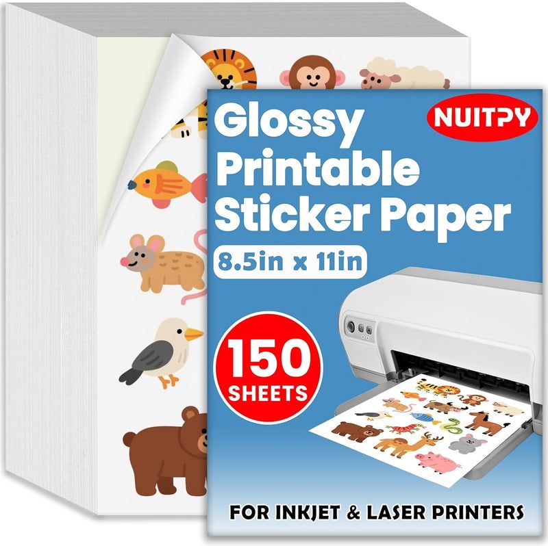 NUITPY 150 Sheets Glossy Sticker Paper, 8.5in x 11in Sticker Paper for Inkjet Printer, Self-adhesive Printable Sticker Papers, Vibrant Colors, Dries Quickly, US Letter Size - Image 1